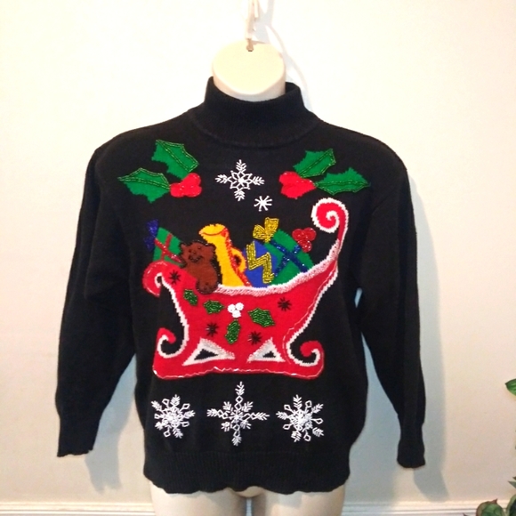Vintage I.B. Diffusion Black "Santa's Sleigh" Bead Trimmed Christmas Sweater - Picture 11 of 11